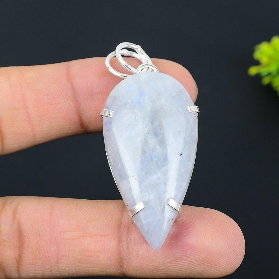 Natural Rainbow Moonstone Gemstone 925 Sterling Silver Pendant 2.17" Q5s62