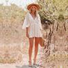 White Lace Tunic Sexy Deep V Neck Button Bikini Cover-ups Women Clothes 2022 Summer Sexy Ruffles Long Sleeves Mini Dress A1132