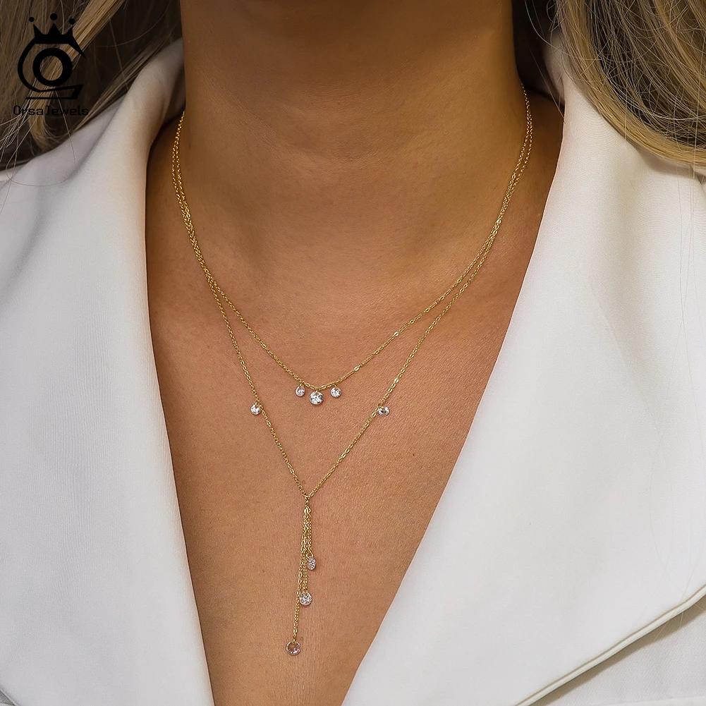 ORSA JEWELS Настоящее серебро 925 пробы Многослойное ожерелье для женщин и девочек Винтажная штабелируемая цепочка с подвеской из кубического циркония Чокер Украшение BQN20