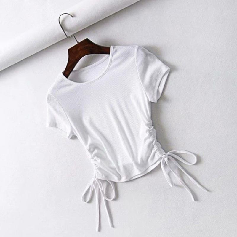 Сексуальные топы на бретелях с завязками по бокам и рюшами, женские однотонные тонкие укороченные топы, женские уличные трикотажные футболки в рубчик
