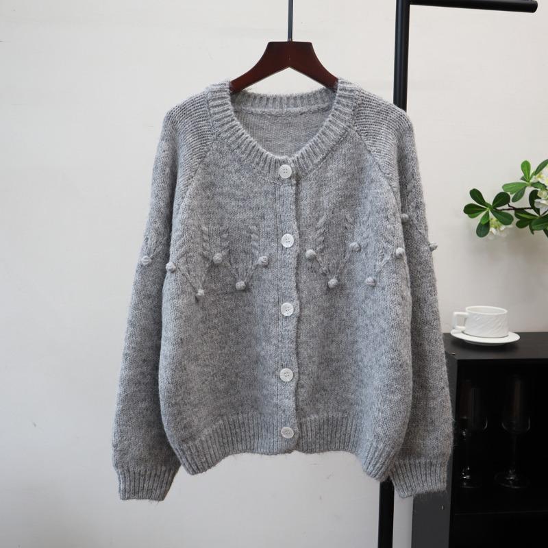 Осень и зима новый дизайн чувство тяжелой промышленности крючком вязаный кардиган свободный мягкий восковой свитер с круглым вырезом куртка женская