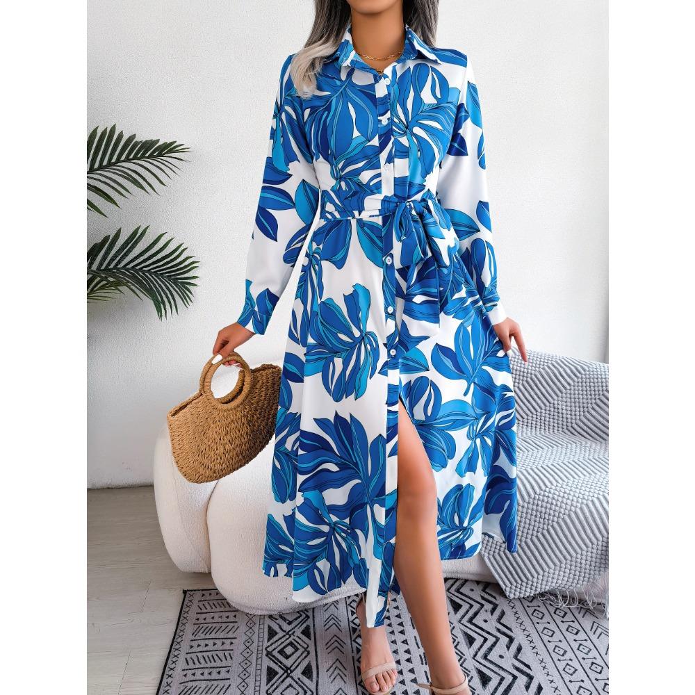 Spring and Summer European and American Contrasting Color Flower Lapel Lace-up Shirt Dress Long Skirt