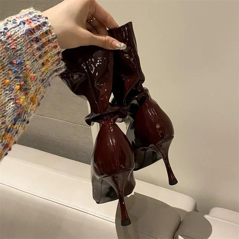 Eilyken Fashion Design Pleated Patent Leather Women Ankle Boots Zipper Shoes Sexy Thin Heels Modern Short Botas Mujer