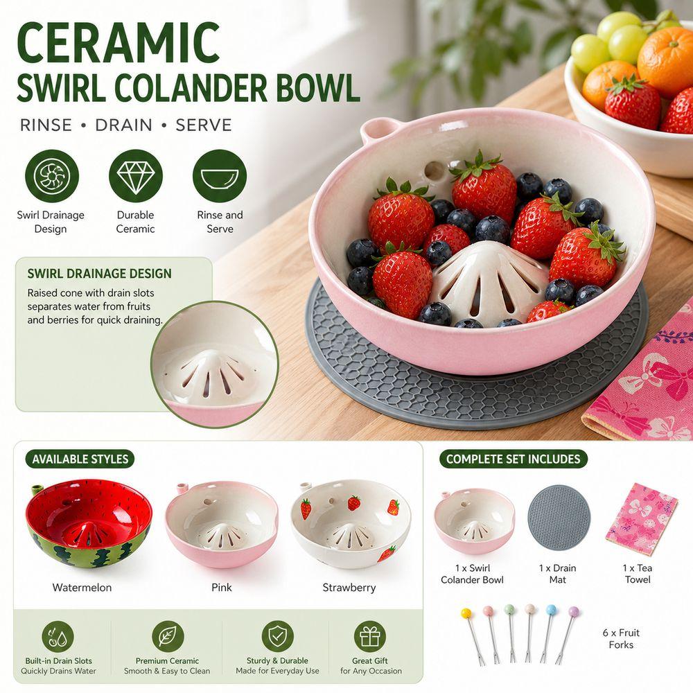 Rinse Swirl Colander Bowl Built-In Drain Slots Berry Bowl Ceramic Colander Bowl Fruit Washing