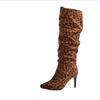 Леопардовый заостренный носок женские сапоги челси до колена на высоком каблуке туфли 2024 зимняя модная обувь для вечеринок туфли-лодочки сексуальная трендовая женская обувь