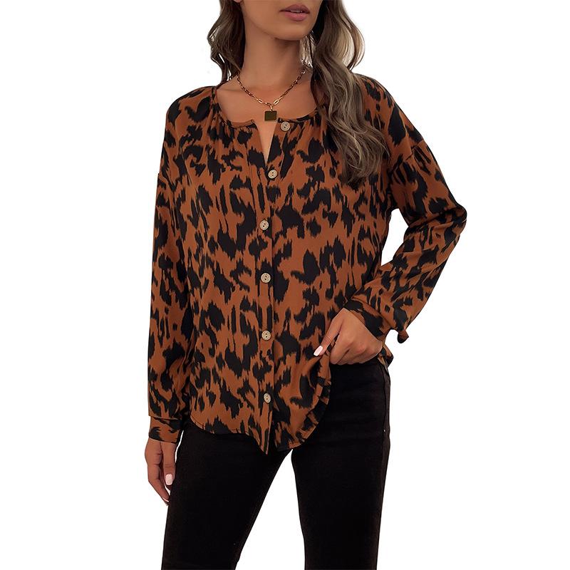Bahor va Kuz Ayollar Bluzkalari Toplar Uzun Qo'lli Leopard Dizaynli Ko'ylak