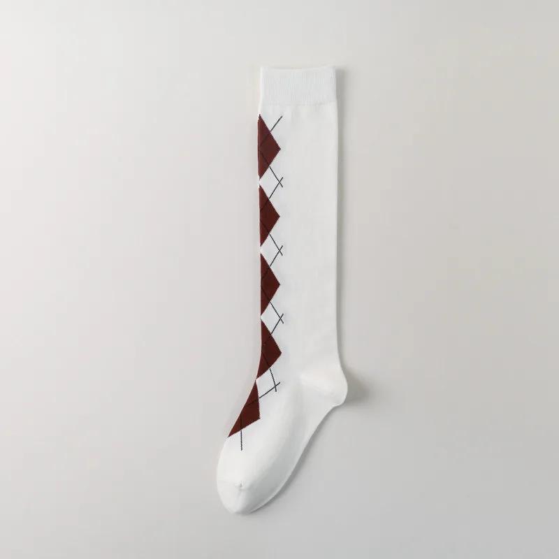 Осень/Зима Ромбовидные высокие носки Жаккардовые чулки Хлопковые носки Носки College Wind для девочек Ворсовые носки Серые носки JK Retro из телячьей шерсти