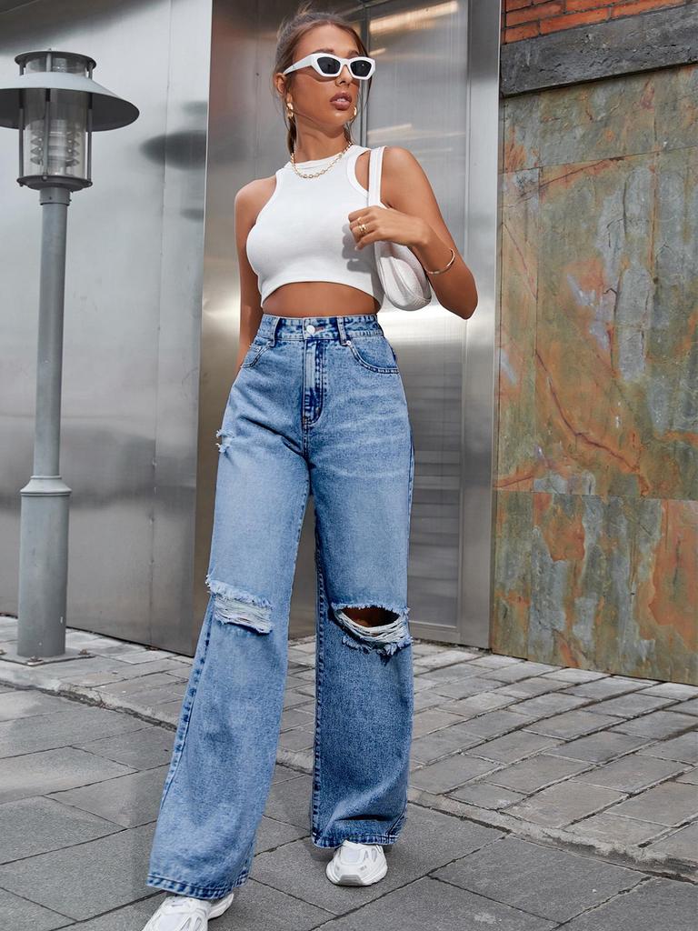 Women's INS Fashion Ripped High-Waisted Wide-Leg Jeans