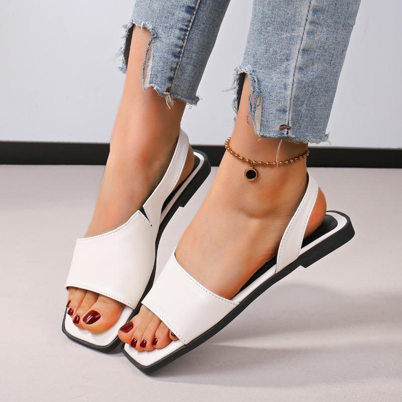 Fashion Summer Women Black Fashion Leisure Luxury Style Square Open The Toe Flats Shallow Mouth Sandal New Arrival Genuine Shoes