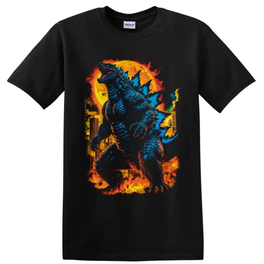 Godzilla Monster City Fire T Shirt w/ Blue Reptile Movie Art Graphic Tee Design
