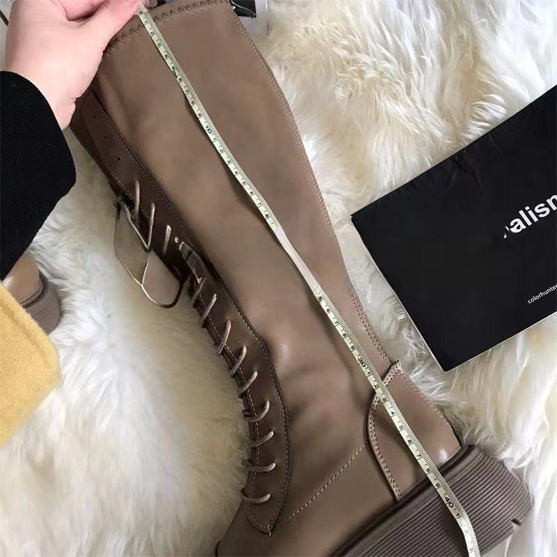 Ботинки Женские Рыцарские Ботинки Осень и Зима Новые Белые Ботинки на Платформе Толстые Ноги Шнуровка Высокие Ботинки Мартин