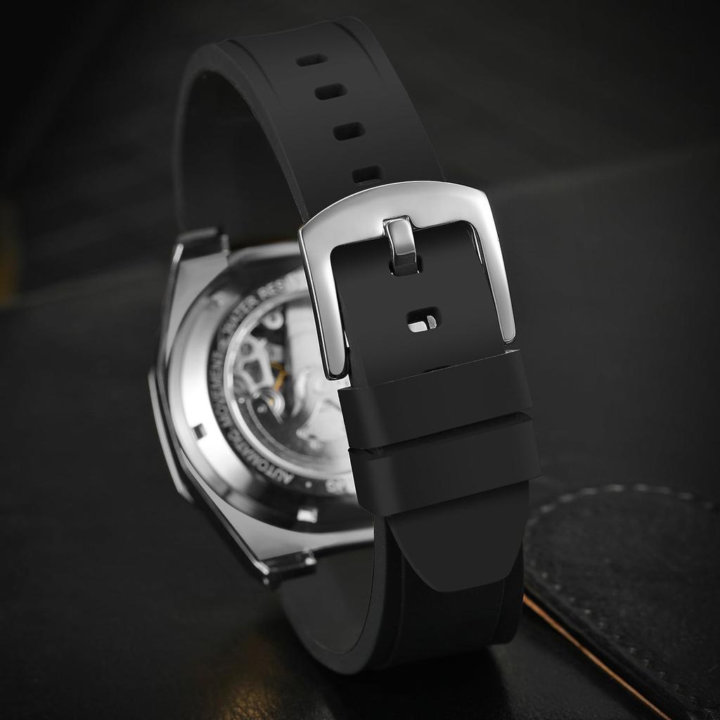 Мужские скелетонизированные автоматические механические часы BOLYTE со светящимися стрелками, черным силиконовым ремешком, восьмиугольным корпусом, серебристо-черные, в военном стиле