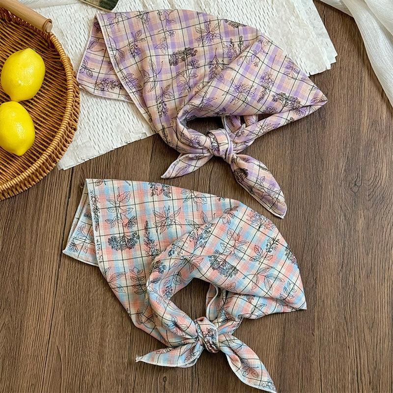 Silk Scarf Neck Small Square Scarf New Fresh Yellow-green Pink-purple Plaid Scarf Headscarf Summer Pastoral Headband Tied Hair Streamer