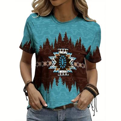 Винтажная женская футболка с этническим геометрическим принтом, футболка с круглым вырезом, летняя повседневная футболка с коротким рукавом, уличная женская одежда больших размеров