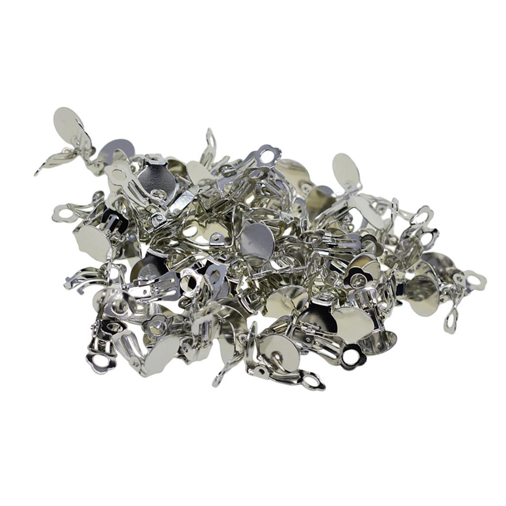 100pcs Flat Round Tray Clipon Earring Hook Components Silver Color