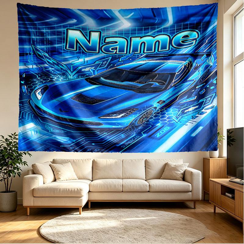 Custom Name Personalized Corvette Print Tapestry, Wall Art Decor, Bedroom, Dorm, Apartment, LivingRoom, Party Backdrop, Gift for Birthday