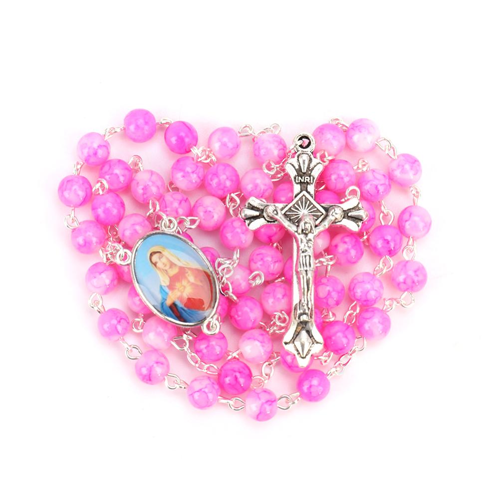 Католические четки маленького размера, круглые синие стеклянные бусины, ожерелье с изображением Девы Марии и Иисуса