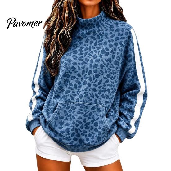 Trendy Gray Leopard Pattern Women Print Sweatshirt, Loose Fit Pullover Sweatshirt with Kangaroo Pocket, Long Comfortable Pocket Hoodie Sleeve