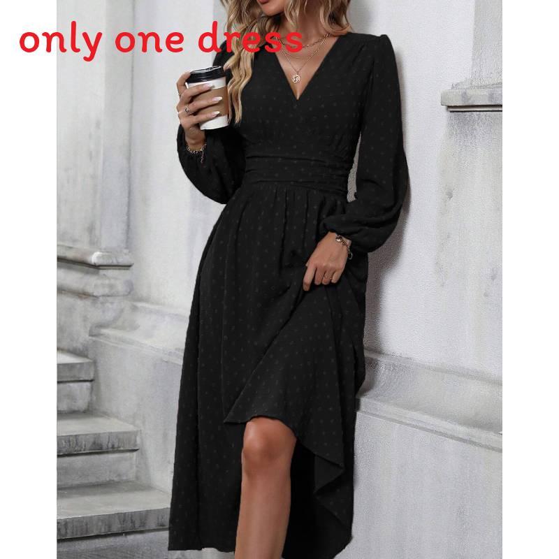Polyester V Neck Lantern Sleeve Pleated A Line Dress For Autumn Winter Fashion