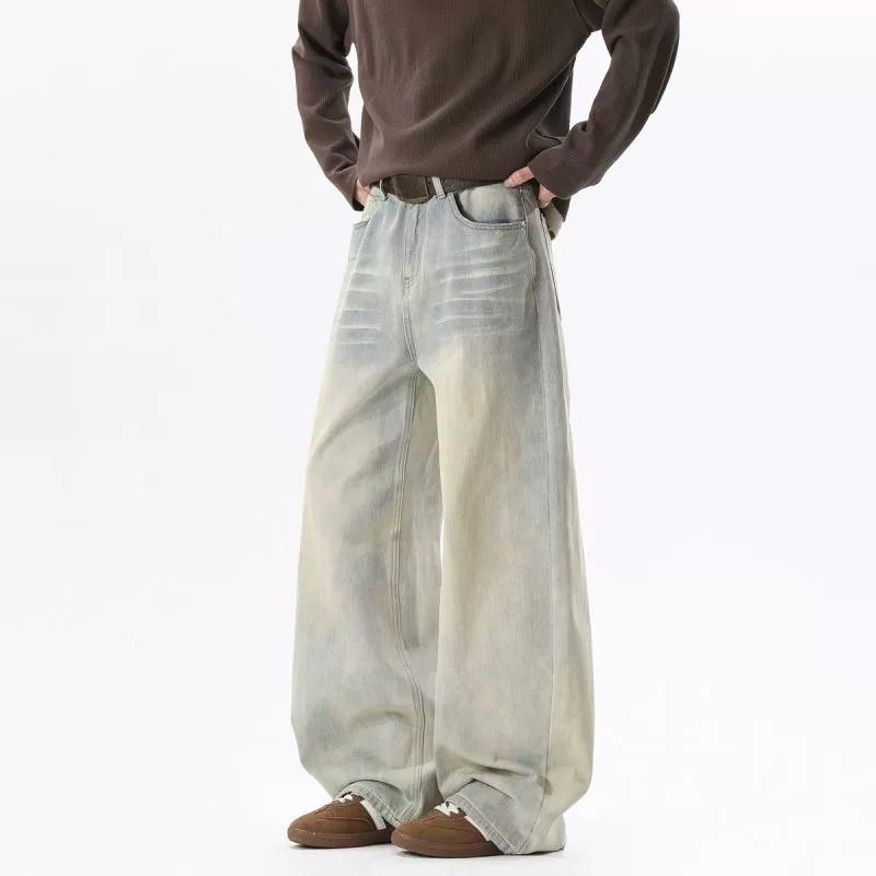2026 Heavy Duty High Street Vintage Wash Jeans Mens Loose Straight Leg Denim Pants