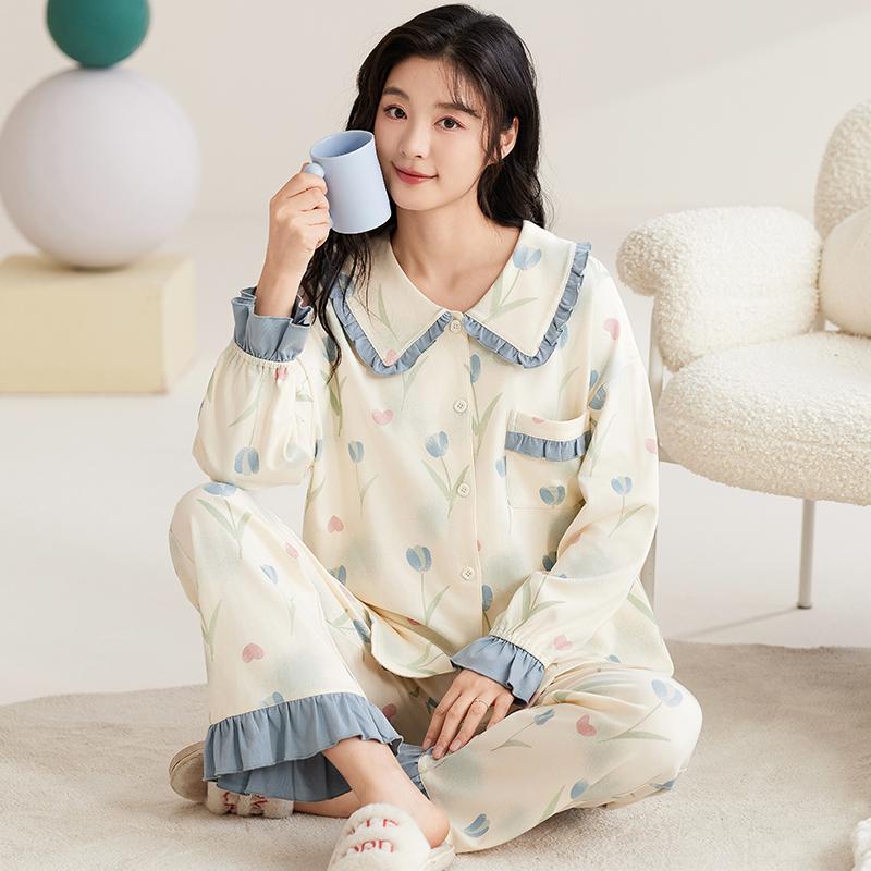 Женский хлопковый пижамный комплект осень-зима с отложным воротником, симпатичная пижама в стиле принцессы, женская домашняя одежда с длинным рукавом