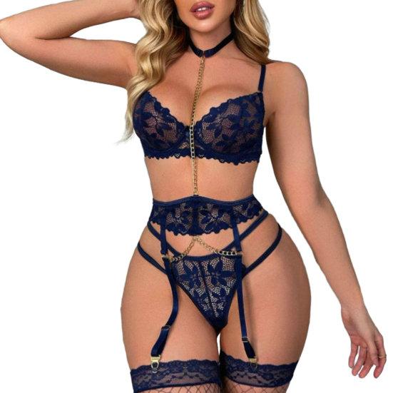 Sexy Bra Panties Garter Set Hollow Out See-through Lace Multi Strap High Waist Chain Decor Fishnet Elastic Thin Halter Neck Honeymoon