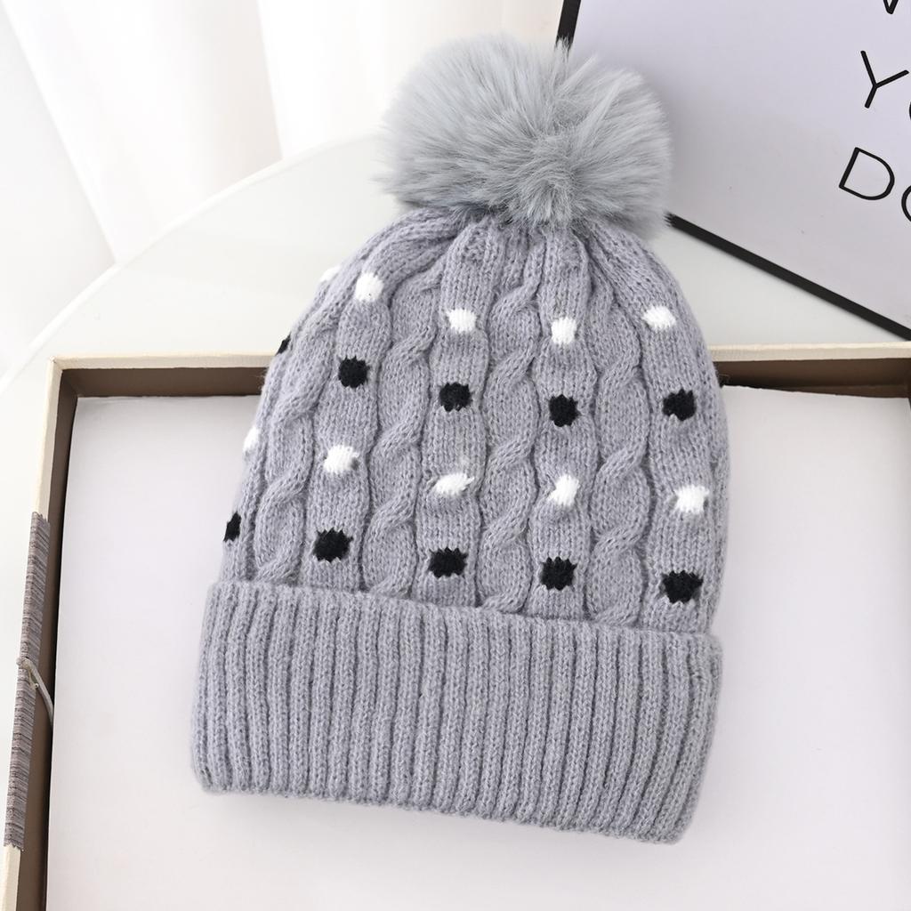 New winter hairball cap children's versatile polka dot knitted pullover wool cap fleece ear protector windproof warm hat moisture