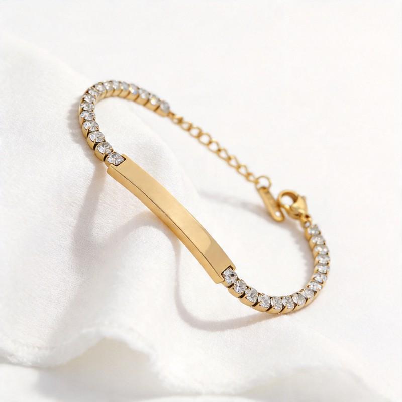 Titanium Steel Polished Bend Tube Bracelet With Custom Engraving Colorful Zircon Stones Geometric Style Women