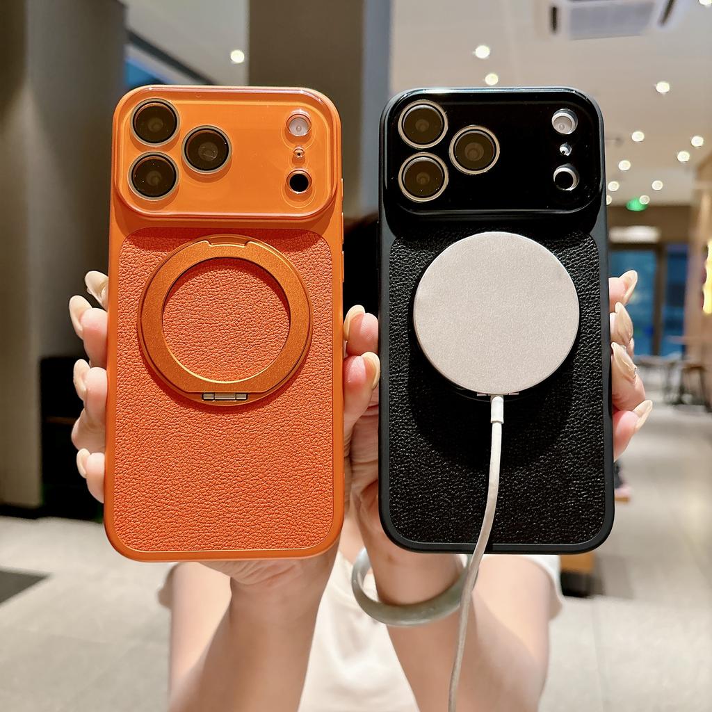 360° Вращающаяся Магнитная Подставка Кожаный Чехол для iPhone 17 Pro Max 16 15 Plus Ударопрочный для Magsafe Защитная Крышка Камеры