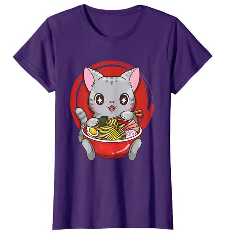 Официальная футболка для подростков RaUnisex с кошкой из аниме Kawaii Neko для японских девушек, одежда в стиле Харадзюку Y2k, котенок ест лапшу, новинка, милая футболка