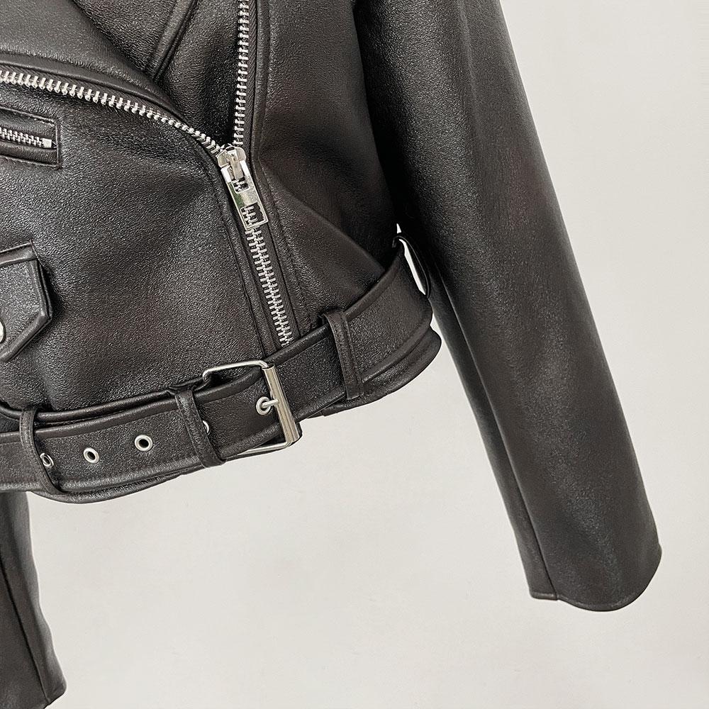 OFTBUY Женская винтажная свободная короткая куртка из искусственной кожи с поясом, мотоциклетная куртка, женская молния, ретро-байкерское пальто, верхняя одежда, топы