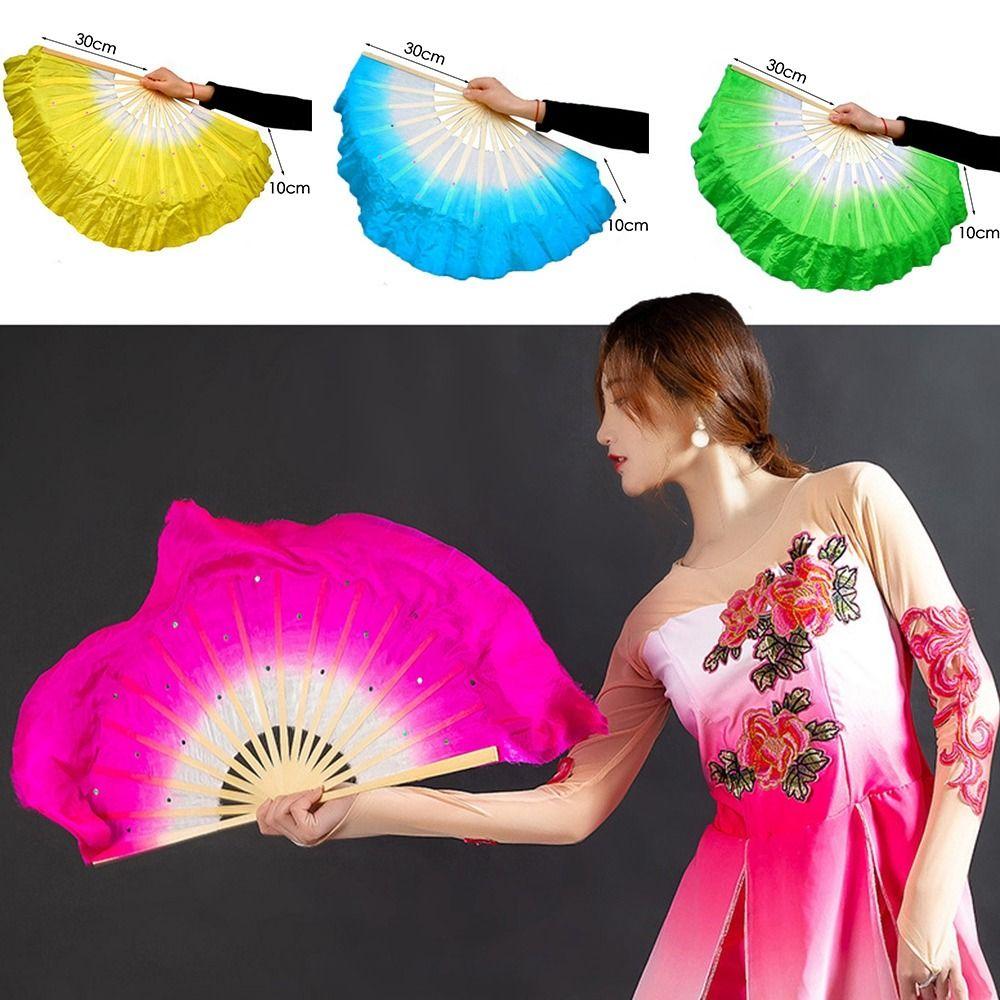 Kid Women Long Imitation Dancer Practice Rayon Silk Fans Belly Dancing Fan Long Silk Fans Silk Fans
