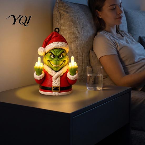 Personalized Christmas Gift Ideas Funny Middle Finger Wall Light, Resin Santa/Green Figure Glowing Decor Santa Claus Lamp with Warm LED, Tabletop