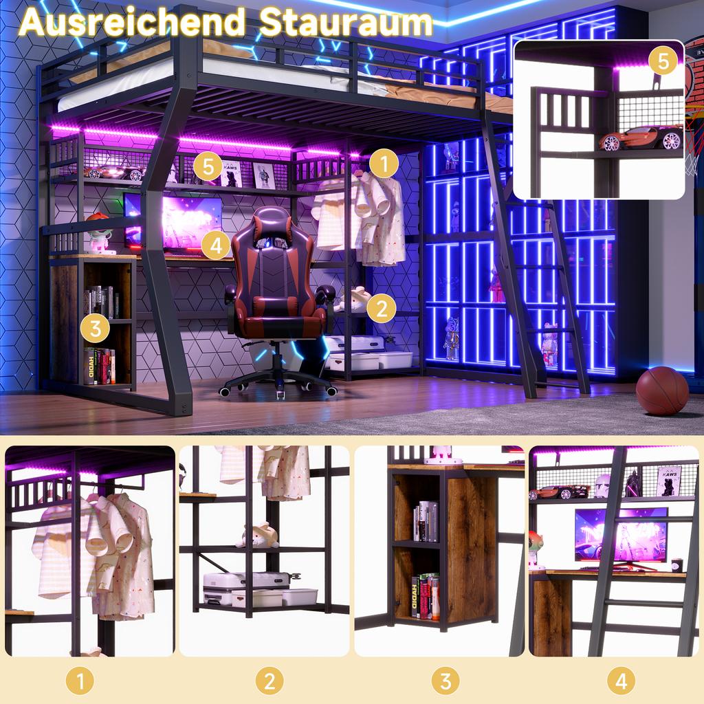 Loft Bed, 140 x 200 cm, Iron Frame, with Light Strip, Power Outlet, Clothes Hanging, Desk, Storage, Open Space Under Bed, without Mattress, Black