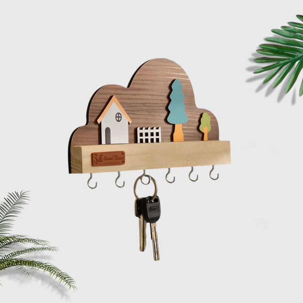 Cloud House Forest Key Storage Holder Solid Wood Decorative Hook Door Wall Hook  Home Decor