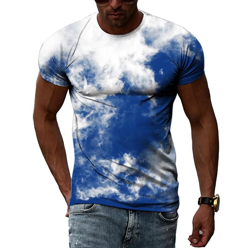 Летние мужские футболки с голубым небом и белыми облаками с 3D принтом, модные повседневные индивидуальные простые футболки с короткими рукавами и круглым вырезом, топы