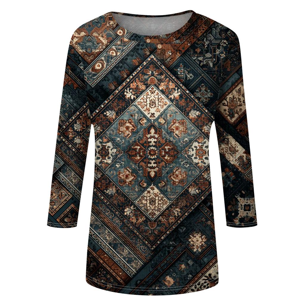 Trendy Vintage 3/4 Sleeve Top For Women,Ladies Casual Three Quarter Sleeve Round Collar Printed T-Shirt Blouse