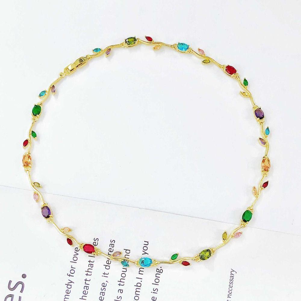 Multicolour Rose Flower Necklace Light Luxury Crystal Leaf Necklace Zircon Necklace  Women Girls