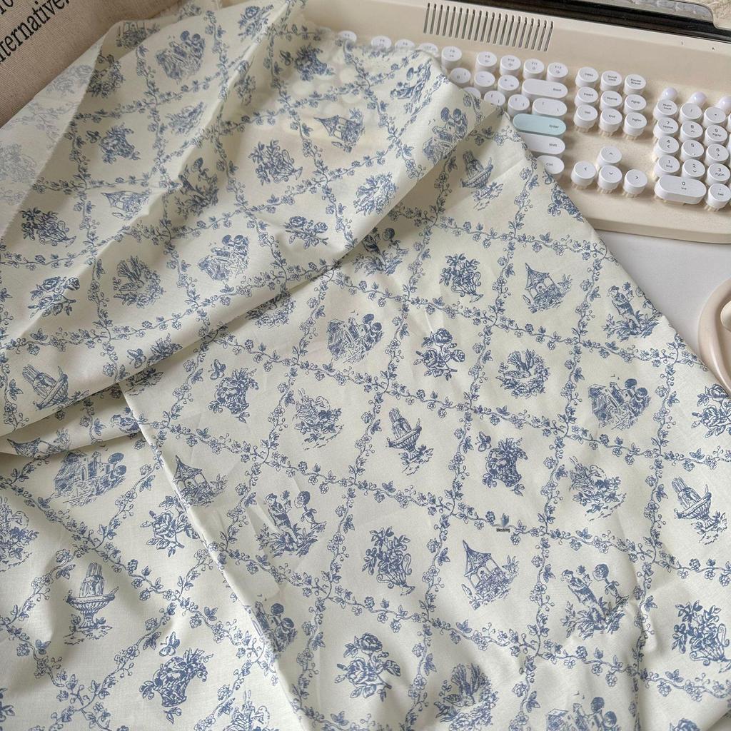 100% Cotton Digital Print Fabric: Retro Blue & White Floral Design for Children's & Women's Dresses and Handbags