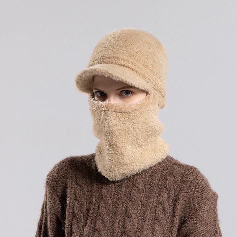 Winter Plush Hat Bib One-piece Knitted Hat Ladies Cycling Face Covering Ear Protection Warm Woolen Pullover Hat