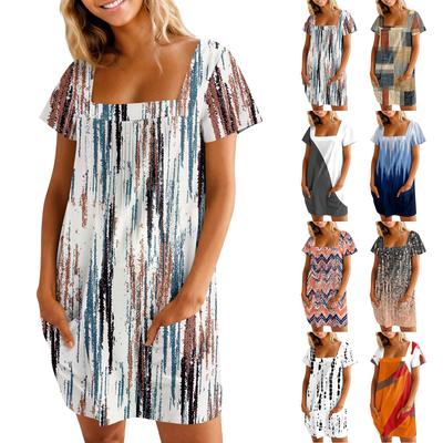 Женские летние повседневные платья с квадратным вырезом, плиссировкой спереди и карманом, с короткими рукавами и принтом