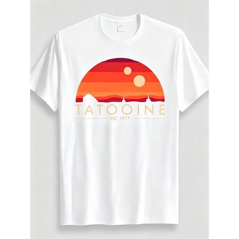Sci-Fi Inspired Desert Planet Print Tee, Men's Black Short Sleeve Streetwear Top