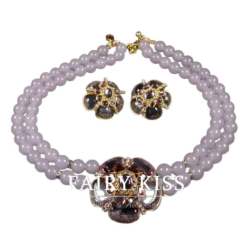 Б/у Фиолетовый набор ювелирных изделий с цветами персика, двойной слой: Ожерелье и серебряные серьги-гвоздики 925 пробы в изысканном придворном стиле.