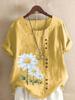 Women's Summer Round Neck Short Sleeve T-shirt Casual Cotton Linen Graphic Shirt Leisure Fashion Loose Daisy Prined Blouse Tops Plus Size