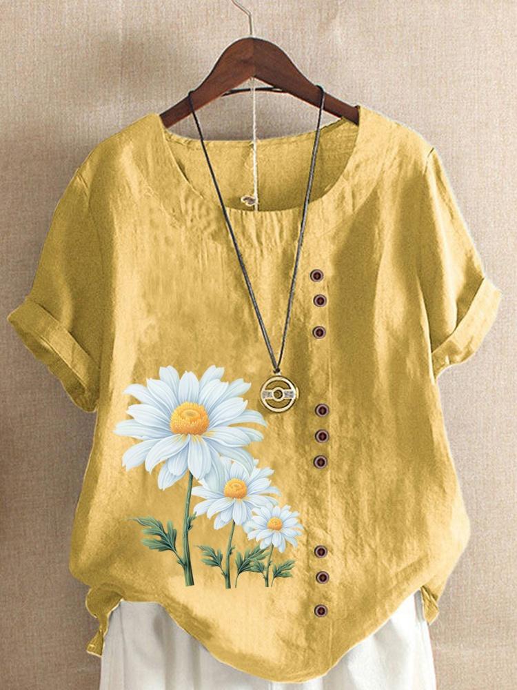 Women's Summer Round Neck Short Sleeve T-shirt Casual Cotton Linen Graphic Shirt Leisure Fashion Loose Daisy Prined Blouse Tops Plus Size