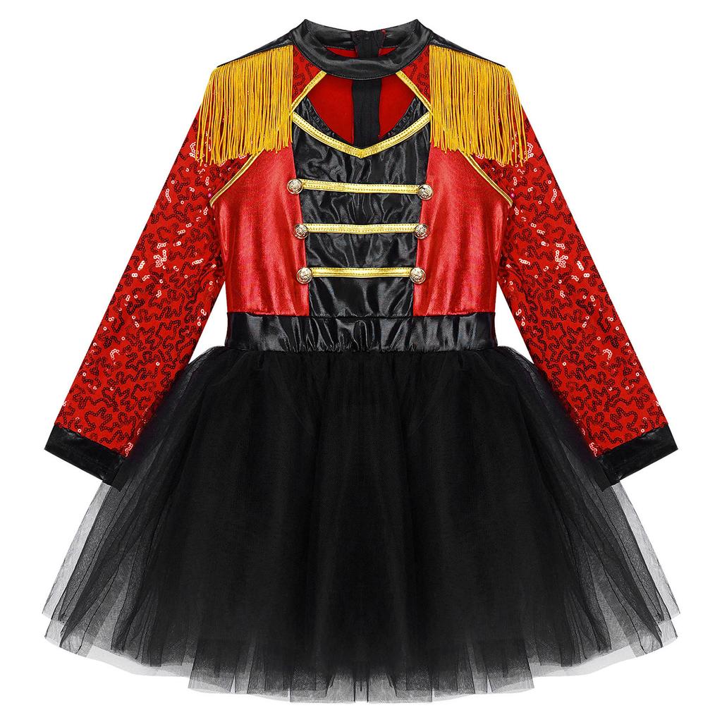 Girls Sequin Tassel Magician Costume Long Sleeve Epaulet Design Tutu Skirt Built In Brief Circus Dress Up