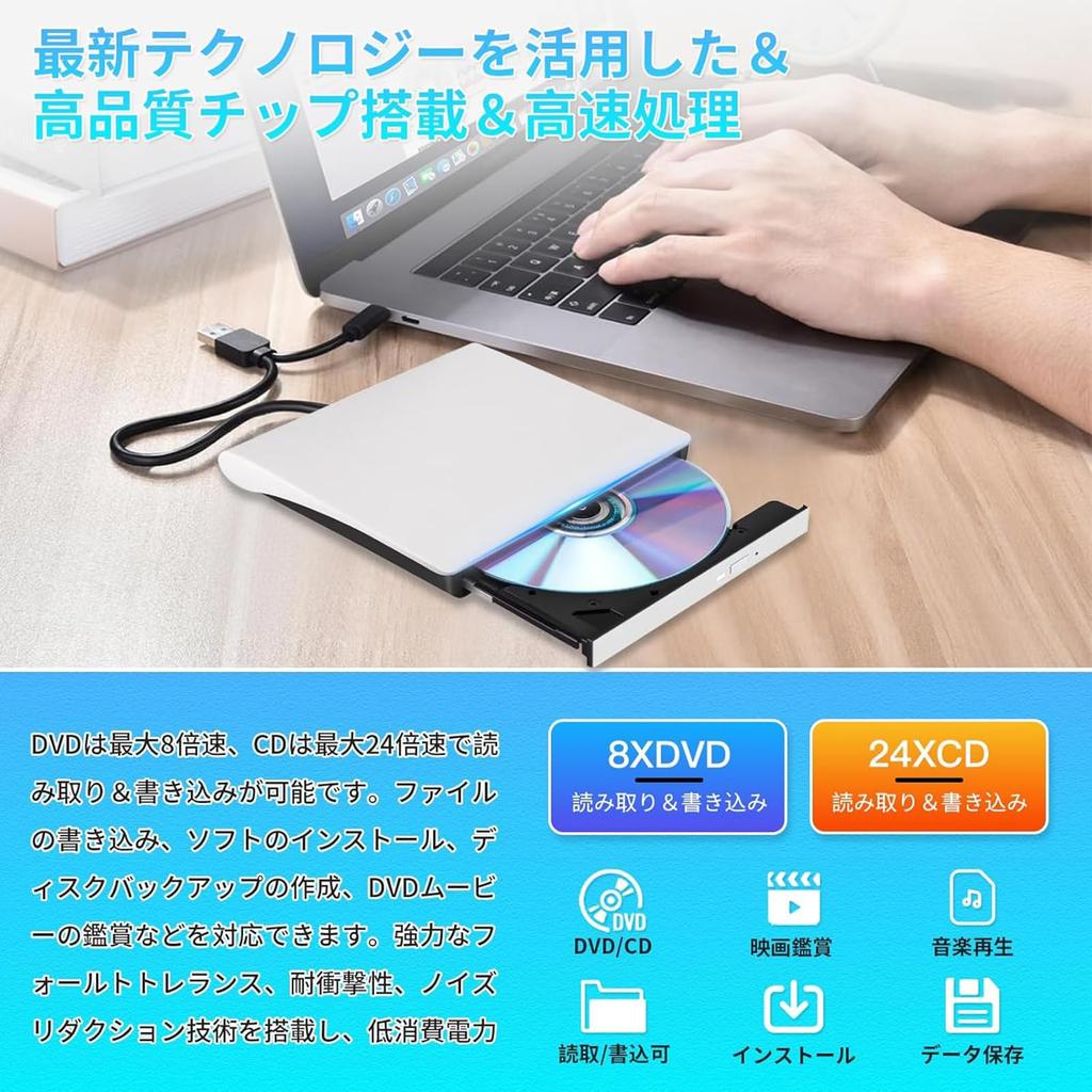 BRJR Внешний DVD-привод 8XDVD, Внешний оптический привод USB, Совместимый с MAC, Внешний тонкий портативный CD-привод, Привод, Высокоскоростная обработка, и 24XCD,