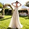 Lace Flared Sleeve Wedding Dress for Bride Deep V Neck Open Back Bridal Ball Gown Boho Beach Swing Dress