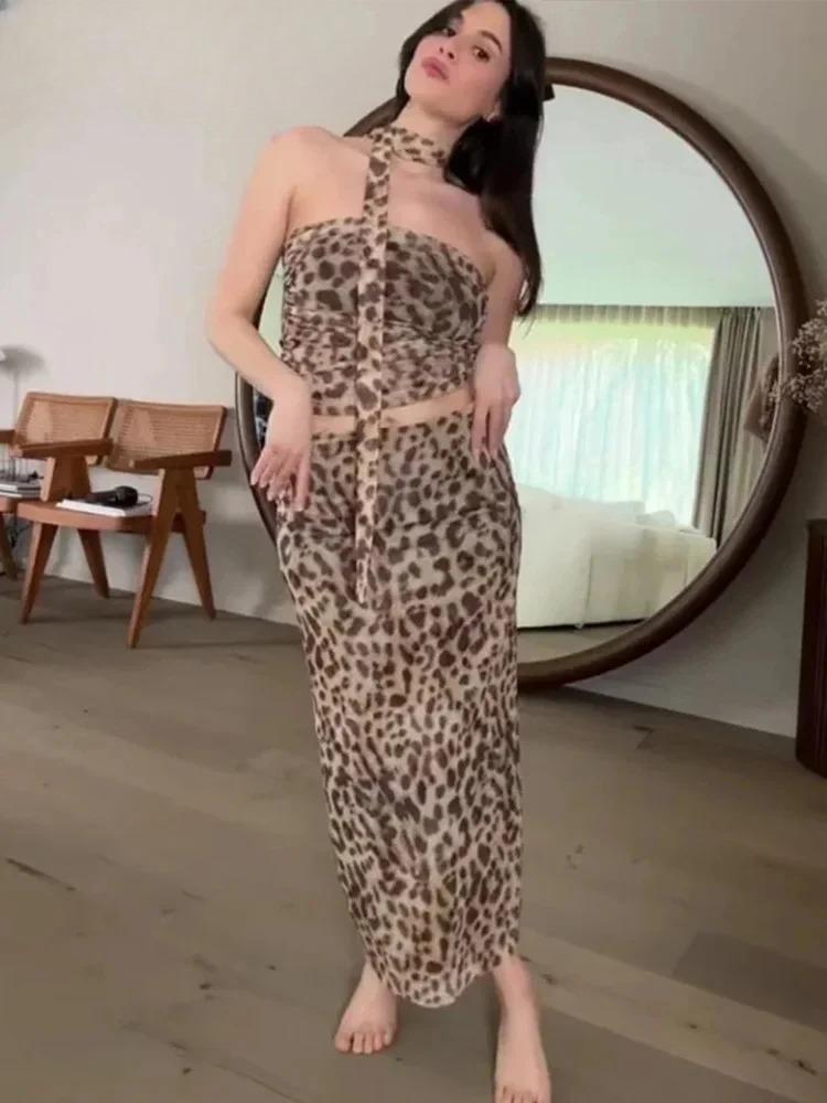 Vintage Tulle Leopard Printed 2 Piece Sets Women Casual A-line Skirt + Sexy Halter Neck Tops Fashion Off Shoulder Streetwear Suits