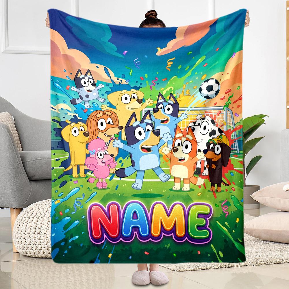 Bluey's Soccer Celebration Personalized Text Blanket Cozy Customizable Blanket Warmthful Decor Great for Sofa Office Chair Bed Picnics